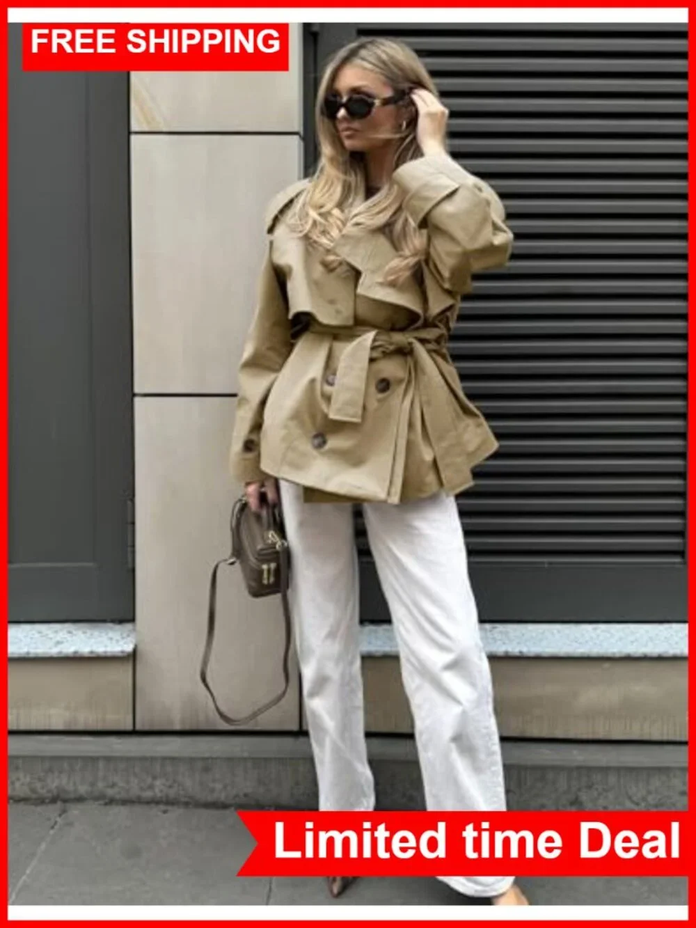 Cropped Trench Coat 100% Cotton Double Breasted Belt Women